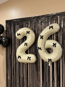 1套大號奶油白色數字氣球套組，含1個「0-9」數字生日氣球與5個黑色緞面蝴蝶結，適用於生日派對、婚禮、週年紀念、新年、節慶、開學季及其他場合 - 乳白色 - 查看 5