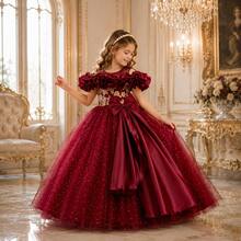 Girls' 3D Floral Off-Shoulder Embroidered Tulle Party Dress, Princess Dress For Birthday Party, Performance, Piano Recital - Burgundy - View 3