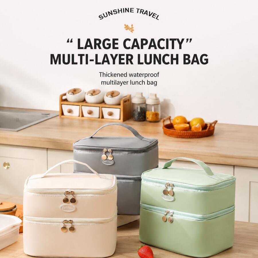 Mehrstöckige isolierte Lunch-Tasche, wasserdichte und auslaufsichere Thermotasche für Büro und täglichen Gebrauch, tragbare Lunchbox-Aufbewahrung - Verschiedenfarbig - Übersicht 1