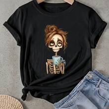 Camiseta de mujer Esqueleto Con Taza de Café Manga Corta Cuello Redondo Casual Adecuado para primavera y verano - Negro - Ver 1