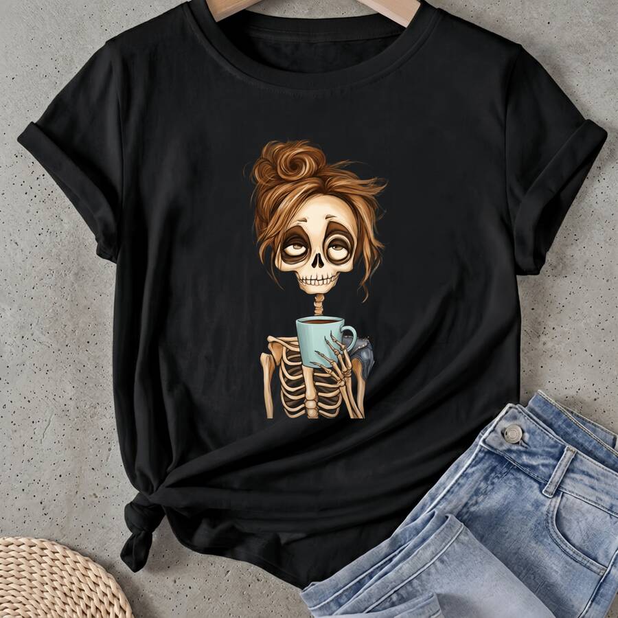 Camiseta de mujer Esqueleto Con Taza de Café Manga Corta Cuello Redondo Casual Adecuado para primavera y verano - Negro - Ver 1
