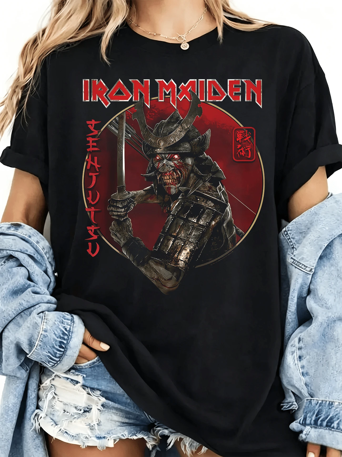 Counterfeit T-Shirt, Metal Band Style, With Japanese Samurai Design - Black - View 1