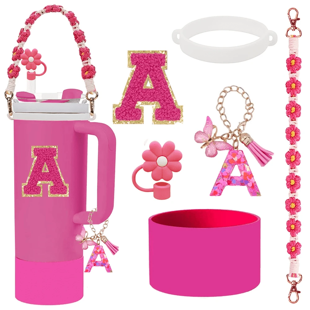 A-Z 4件組 30-40盎司杯子配件套裝-配件組,A字母吊飾、A水杯矽膠保護底座、A水杯字母貼紙,日常節日驚喜禮物(不含杯子) - 玫紅色6件套裝 - 查看 1