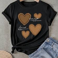 Camiseta de mujer Corazón Amor Esperanza Disfruta la Vida Manga Corta Cuello Redondo Casual Adecuado para primavera y verano - Negro - Ver 1