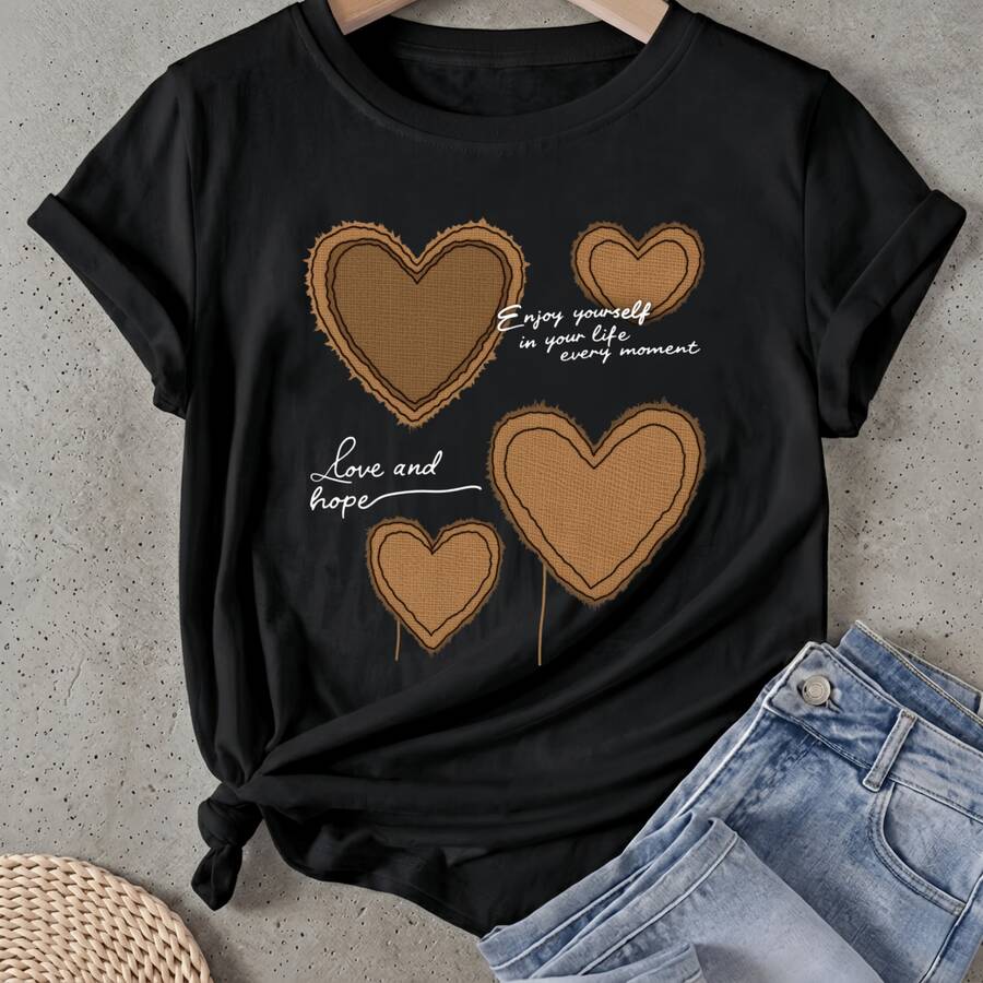 Camiseta de mujer Corazón Amor Esperanza Disfruta la Vida Manga Corta Cuello Redondo Casual Adecuado para primavera y verano - Negro - Ver 1