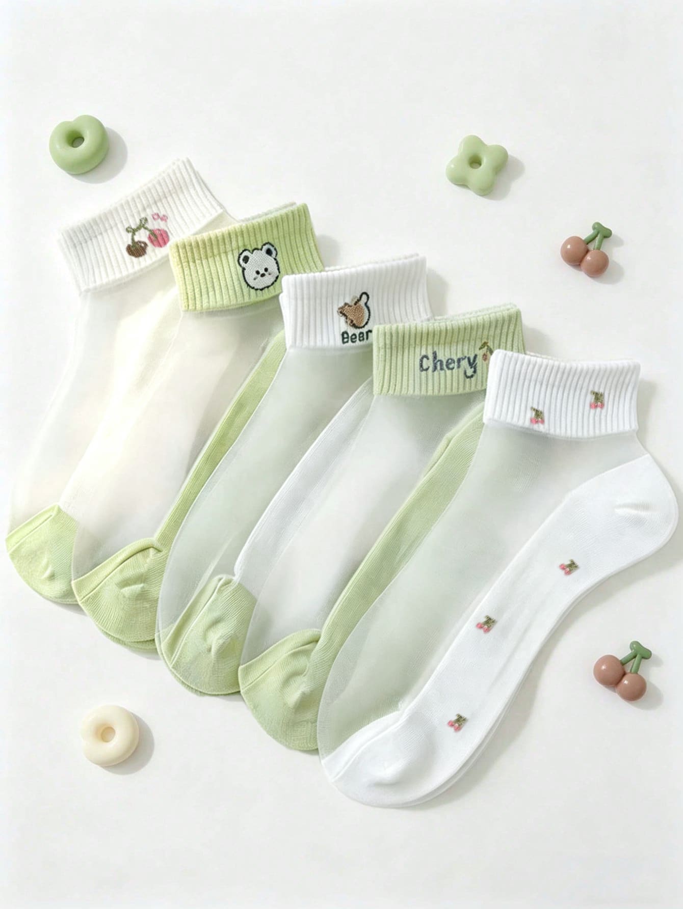5 pares/10 pares de calcetines cortos de verano con diseño de oso de dibujos animados en verde, calcetines de barco finos, transpirables y antideslizantes de seda cristalina - Multicolor - Ver 1