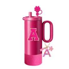 A-Z 4件組杯子配件套組（適用於所有 30-40oz 杯子）－配件套組包含：1個吸管防塵蓋、1個字母吊飾、1個亮面矽膠杯底保護套、1個杯子字母貼紙（字母鏈，隨機發貨） - 玫紅色 - 查看 3