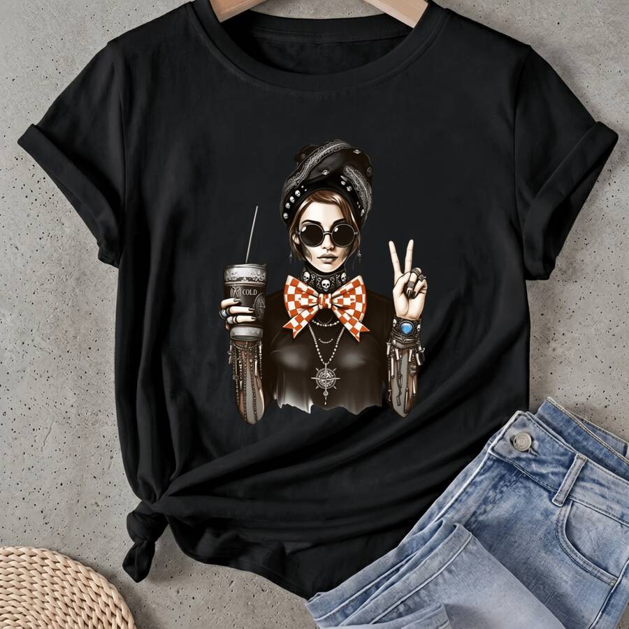 Camiseta de mujer Mujer Steampunk con Café y Señal de Paz Manga Corta Cuello Redondo Casual Adecuado para primavera y verano - Negro - Ver 1