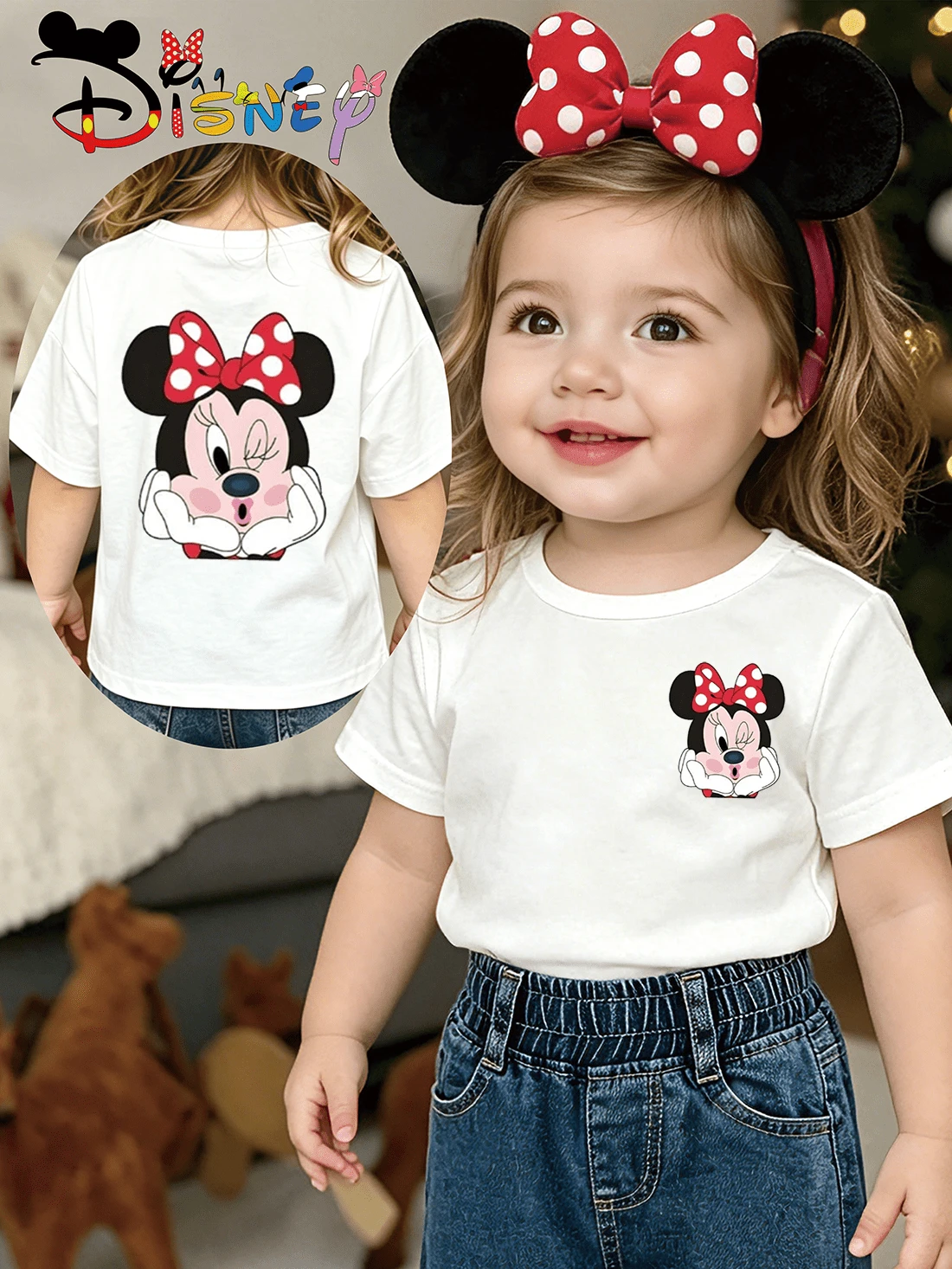 Disney Children's Clothing, Summer Casual Girls' Top, Children's Clothing, Summer Girl's Clothing, Girls' Clothing - Cute Blowing Kiss Minnie Mouse Print Summer Casual Girls' Short Sleeve T-Shirt, 100% Cotton Comfortable & Soft Fabric, Machine Washable, Ideal For Daily Wear, Outdoor Activities, Sports, Easter, Holidays & Parties, Perfect Gift For Kids - trắng - Xem 1