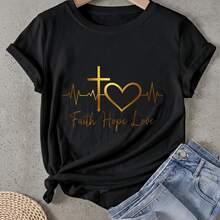 Camiseta de mujer Fe Fe Esperanza Amor Cruz Corazón Manga Corta Cuello Redondo Casual Adecuado para primavera y verano - Negro - Ver 1