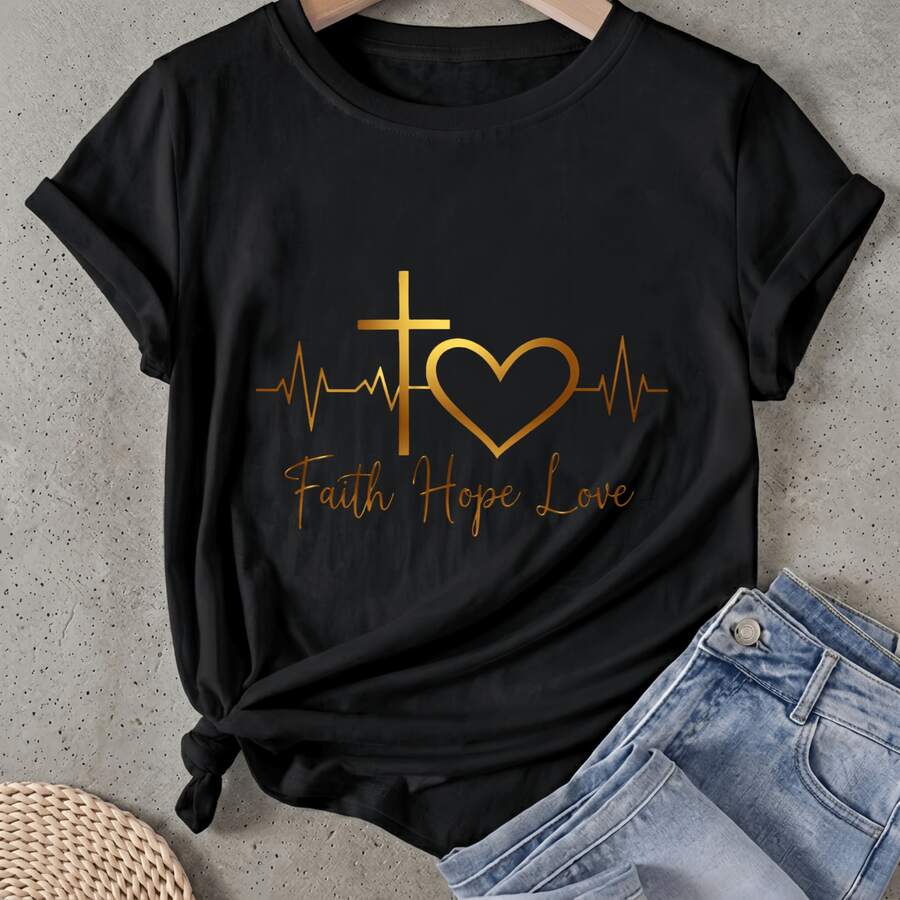 Camiseta de mujer Fe Fe Esperanza Amor Cruz Corazón Manga Corta Cuello Redondo Casual Adecuado para primavera y verano - Negro - Ver 1