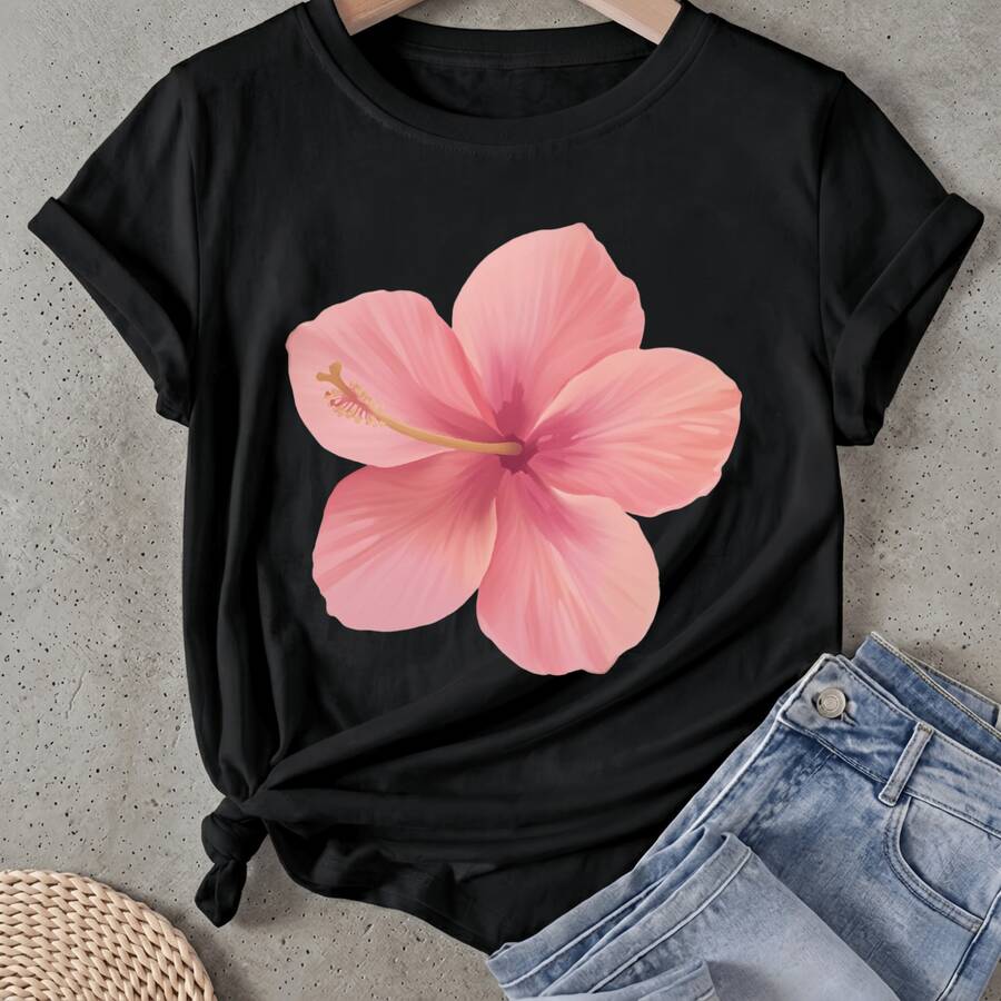 Women's T-Shirt With Pink Hibiscus Flower Print, Short Sleeve, Round Neck, Casual, Suitable For Spring And Summer - Black - View 1