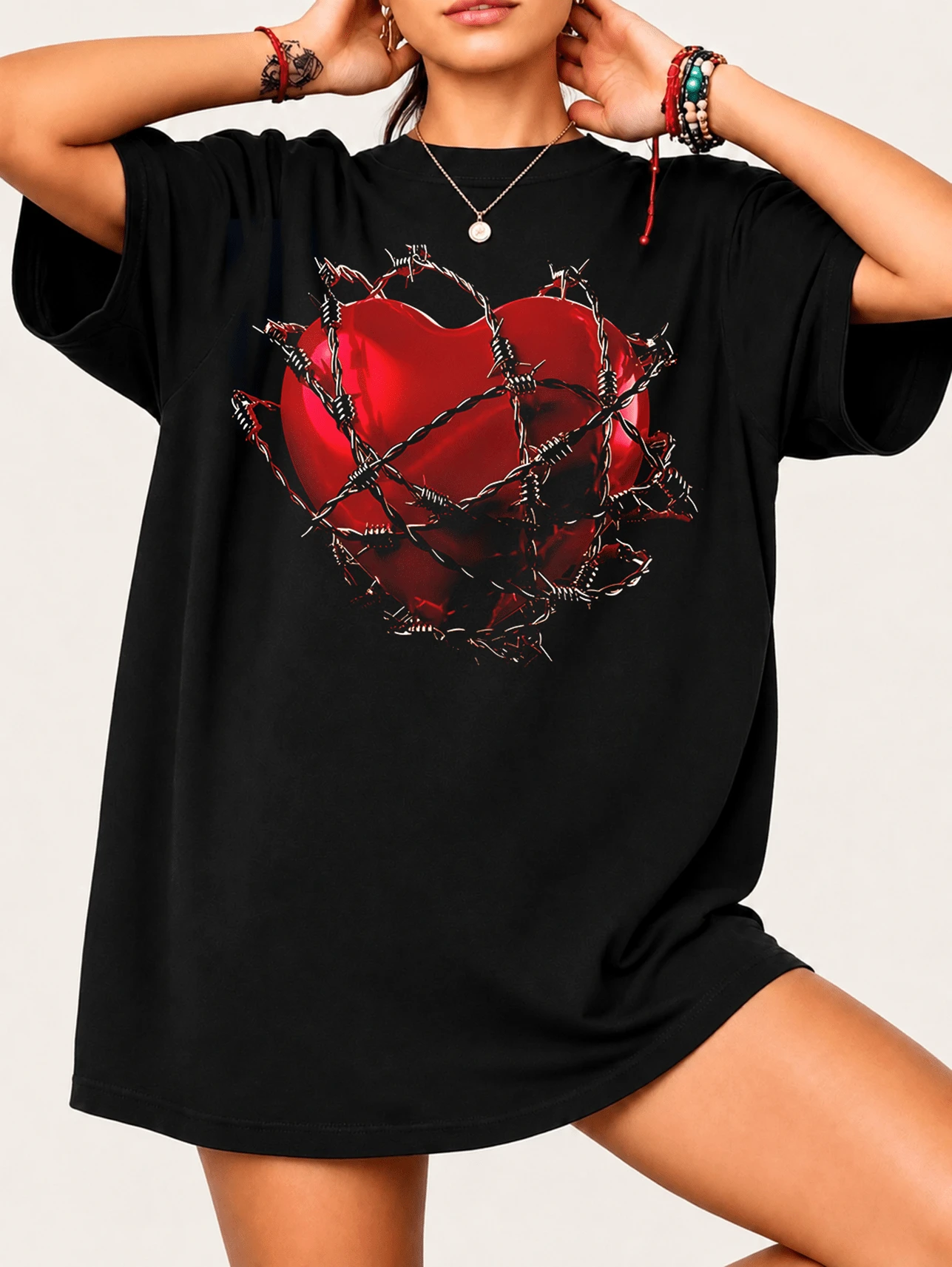2026 Gothic Punk Style T-Shirt With A 3D Red Heart Design And Barbed Wire, Perfect For Fans Of Dark And Alternative Fashion. - Black - View 1