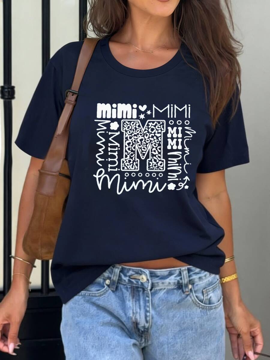 Nueva llegada de verano, camiseta casual de cuello redondo de manga corta con estampado de moda simple, blusa versátil y elegante para mujeres - Azul oscuro - Ver 1