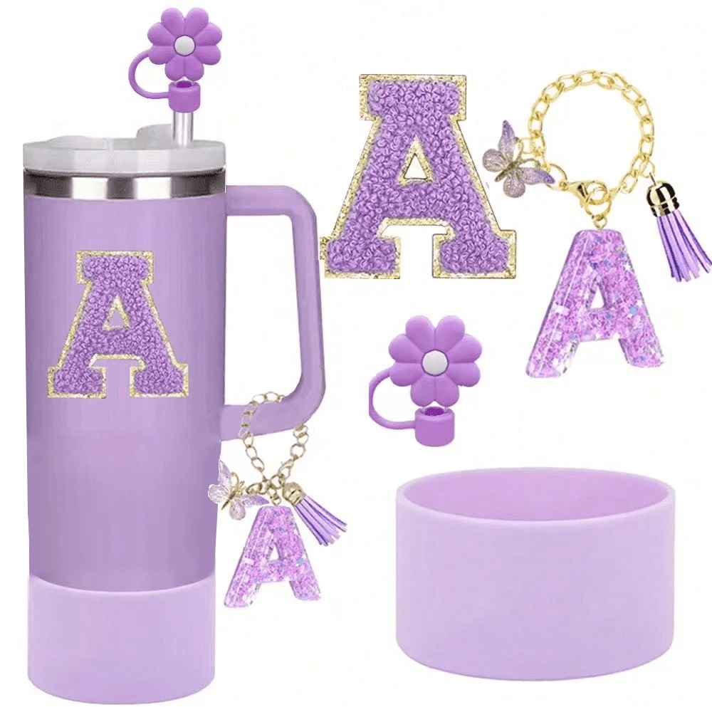 A-Z 4件組 30-40oz 杯子配件套組－配件組，A字母吊飾、A杯矽膠保護底座、A杯字母貼紙，日常節日驚喜禮物（不含杯子） - 淡紫色 - 查看 1
