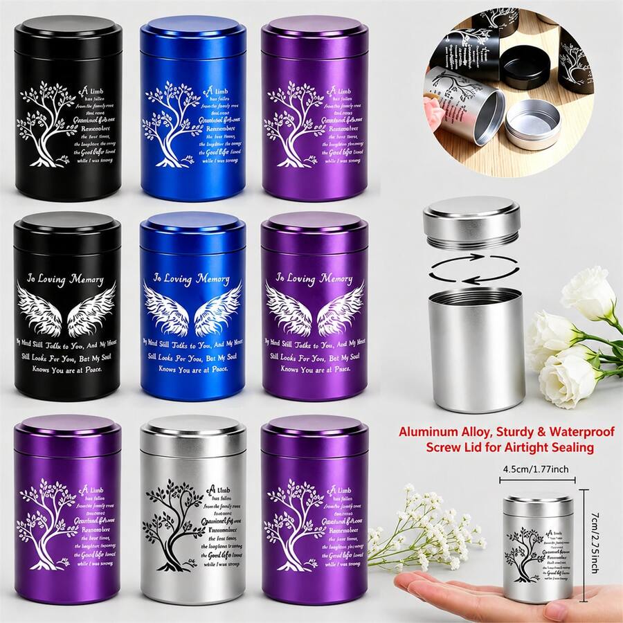 1个不锈钢迷你纪念骨灰盒，铝合金宠物骨灰盒，天使翅膀/生命之树图案，防水螺旋盖纪念品 - 彩色 - 查看 1