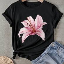 Camiseta de mujer Estampado de Flor de Lirio Rosa Manga Corta Cuello Redondo Casual Adecuado para primavera y verano - Negro - Ver 1