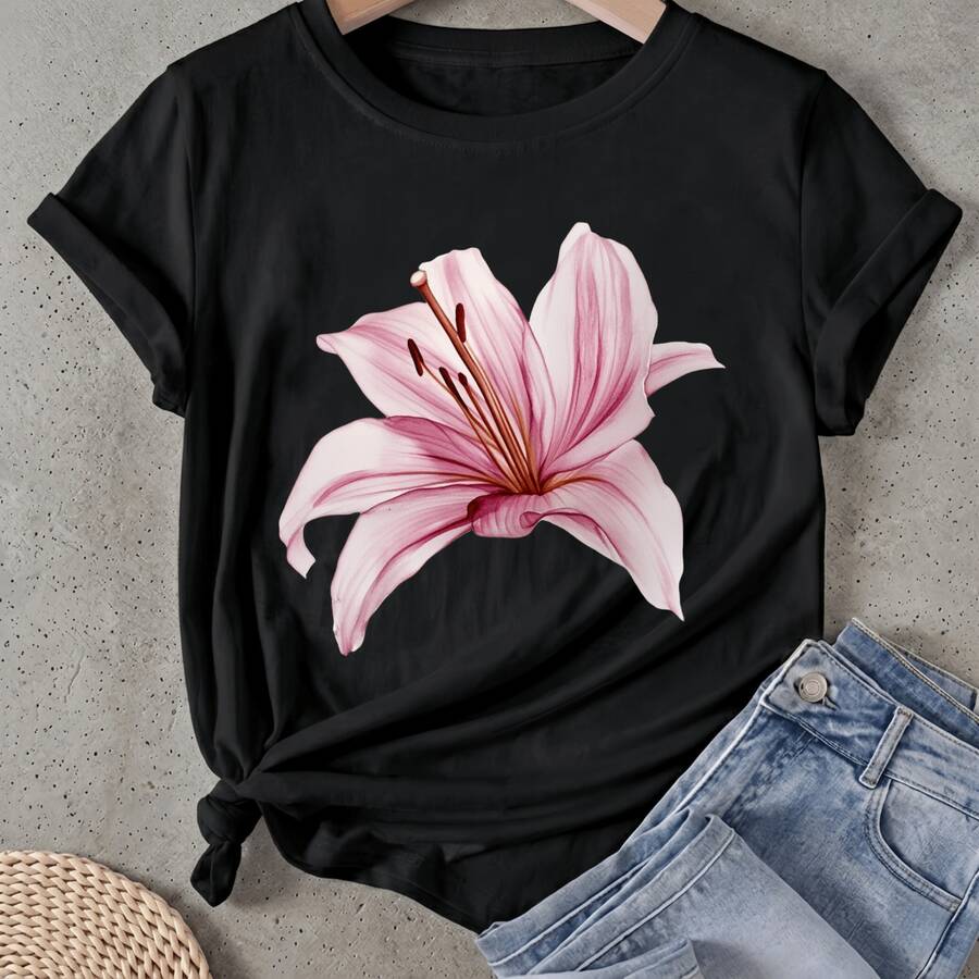 Camiseta de mujer Estampado de Flor de Lirio Rosa Manga Corta Cuello Redondo Casual Adecuado para primavera y verano - Negro - Ver 1