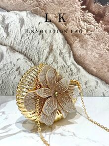 1件奢華金色水鑽花朵手提包，優雅女士貝殼造型晚宴手拿包，附金屬鏈條肩帶，適合派對、婚禮與晚禮服配件 - 彩色 - 查看 2