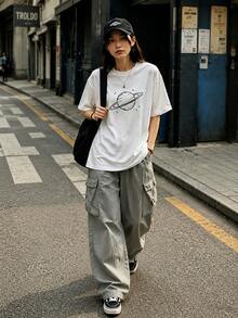 Envío local:Playera para Mujer Blanca con Estampado de Planeta, Camiseta Manga Corta Básica Cómoda para Verano y Estilo Casual - Blanco - Ver 2