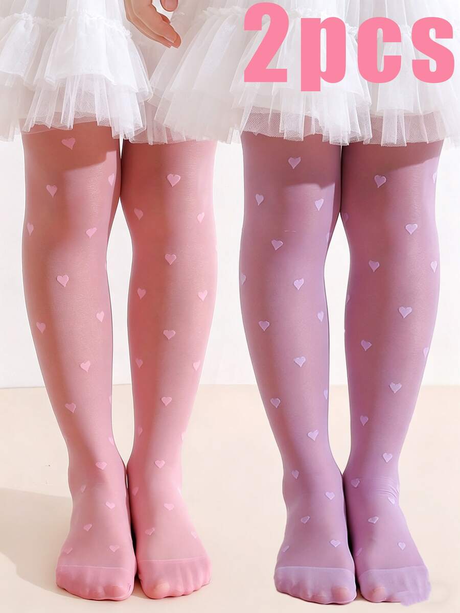 2pcs Girls' Heart Pattern Tights, UPF 50+ Physical Sunblock, Lightweight Breathable Sun Protection Stockings, High Density Knit Ultra-Thin Elastic Leggings, Summer - Multicolor - View 1