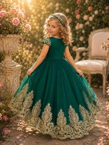 Elegant Sleeveless Embroidered Trailing Luxurious Princess Dress, Puffy Tulle Flower Girl Formal Gown For Party - 綠色 - 查看 3