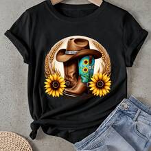 Camiseta de mujer Sombrero de vaquero Botas Girasoles Trigo Manga Corta Cuello Redondo Casual Adecuado para primavera y verano - Negro - Ver 1