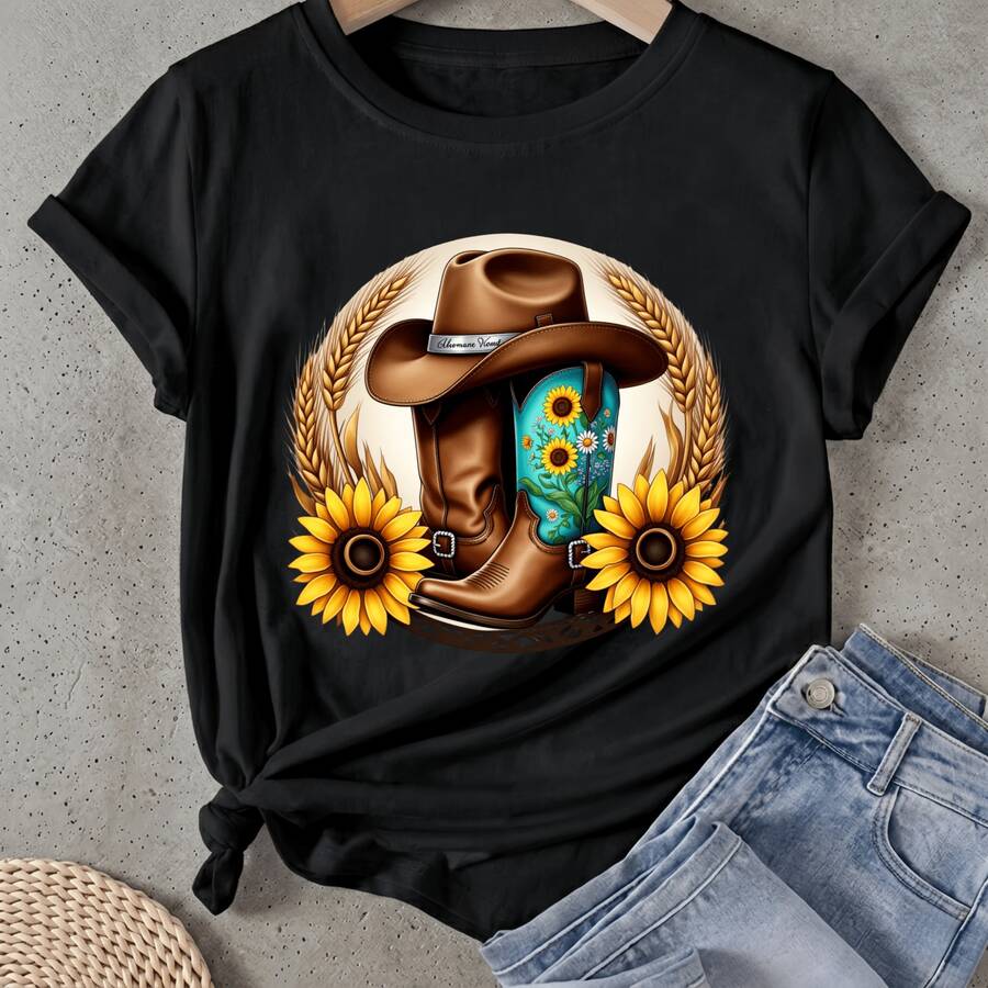Camiseta de mujer Sombrero de vaquero Botas Girasoles Trigo Manga Corta Cuello Redondo Casual Adecuado para primavera y verano - Negro - Ver 1
