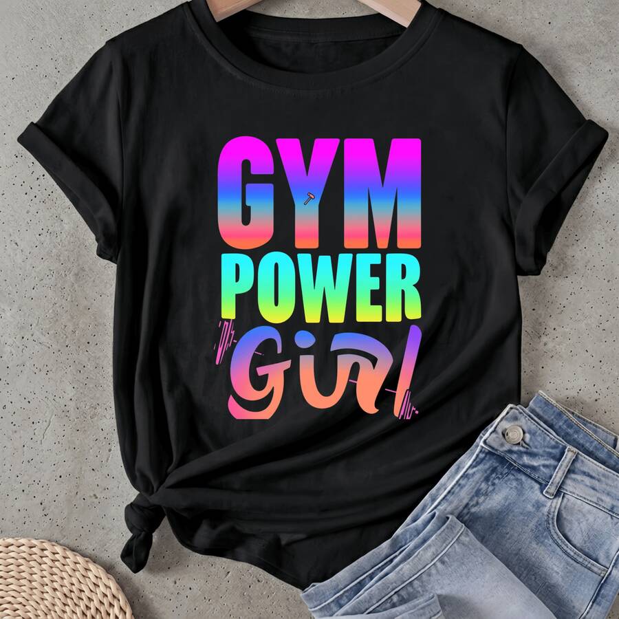 Camiseta de mujer Chica Poderosa del Gimnasio Manga Corta Cuello Redondo Casual Adecuado para primavera y verano - Negro - Ver 1