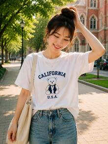 Envío local:Camiseta Gráfica de Oso California para Mujer, Top Blanco Oversize con Diseño Retro, Ideal para Estilo Preppy y Salidas Universitarias - Blanco - Ver 2