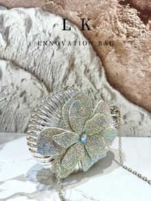 1件奢華金色水鑽花朵手提包，優雅女士貝殼造型晚宴手拿包，附金屬鏈條肩帶，適合派對、婚禮與晚禮服配件 - 彩色 - 查看 7