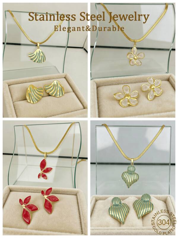 Bộ dây chuyền và bông tai bằng thép không gỉ mạ vàng 18K, bộ trang sức tráng men thời trang dành cho nữ, không gây dị ứng và không phai màu, thiết kế cổ điển, phù hợp cho ngày Valentine và đeo hàng ngày. Chất liệu bền chắc, phong cách biển, lựa chọn tốt nhất cho quà tặng và sử dụng cá nhân.