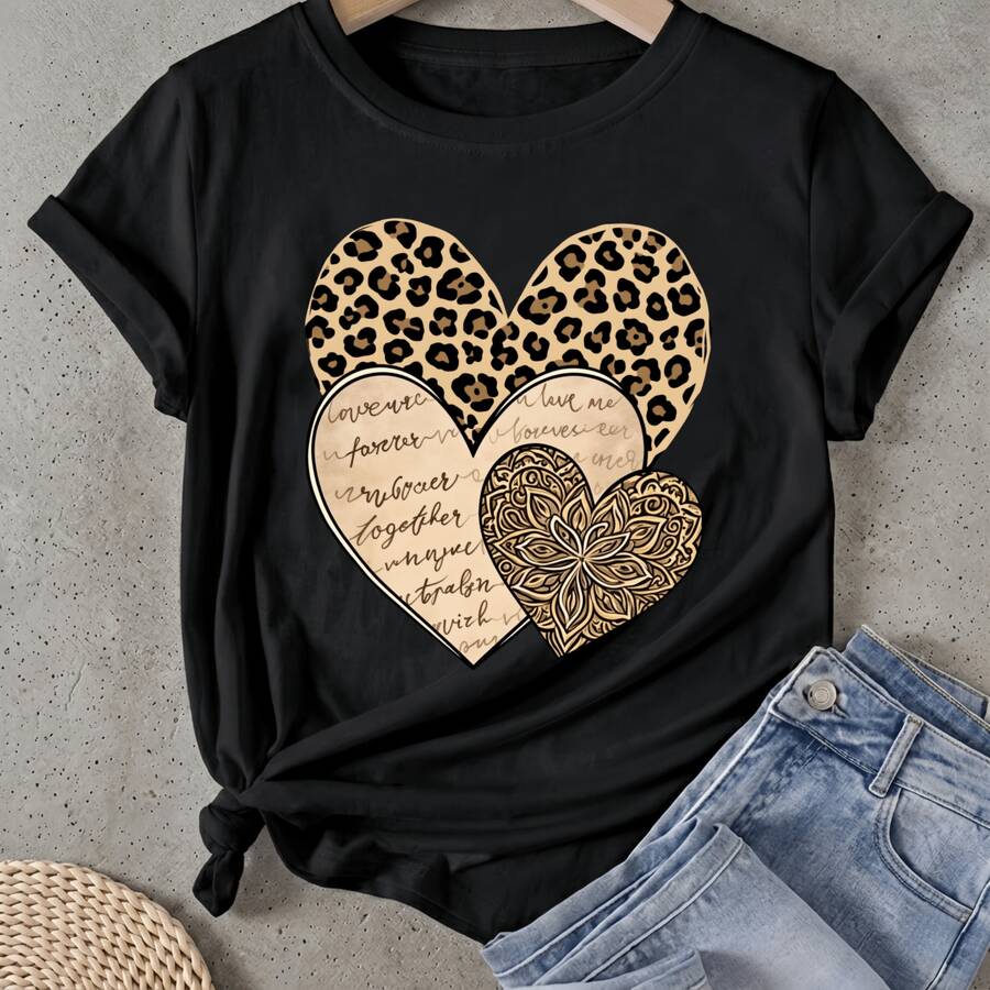 Camiseta de mujer Corazón de Leopardo Mandala Amor Eterno Manga Corta Cuello Redondo Casual Adecuado para primavera y verano - Negro - Ver 1