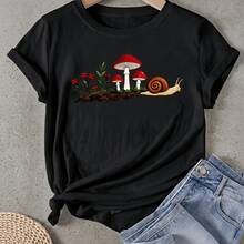 Camiseta de mujer Setas Caracoles Flores Jardín Naturaleza Manga Corta Cuello Redondo Casual Adecuado para primavera y verano - Negro - Ver 1