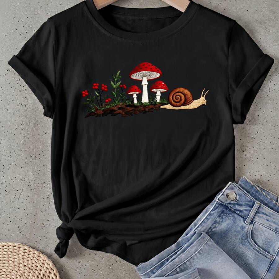 Camiseta de mujer Setas Caracoles Flores Jardín Naturaleza Manga Corta Cuello Redondo Casual Adecuado para primavera y verano - Negro - Ver 1