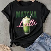 Camiseta para mujer Matcha Latte Bebida Ligeramente Dulce Manga Corta Cuello Redondo Casual Adecuado para primavera y verano - Negro - Ver 1