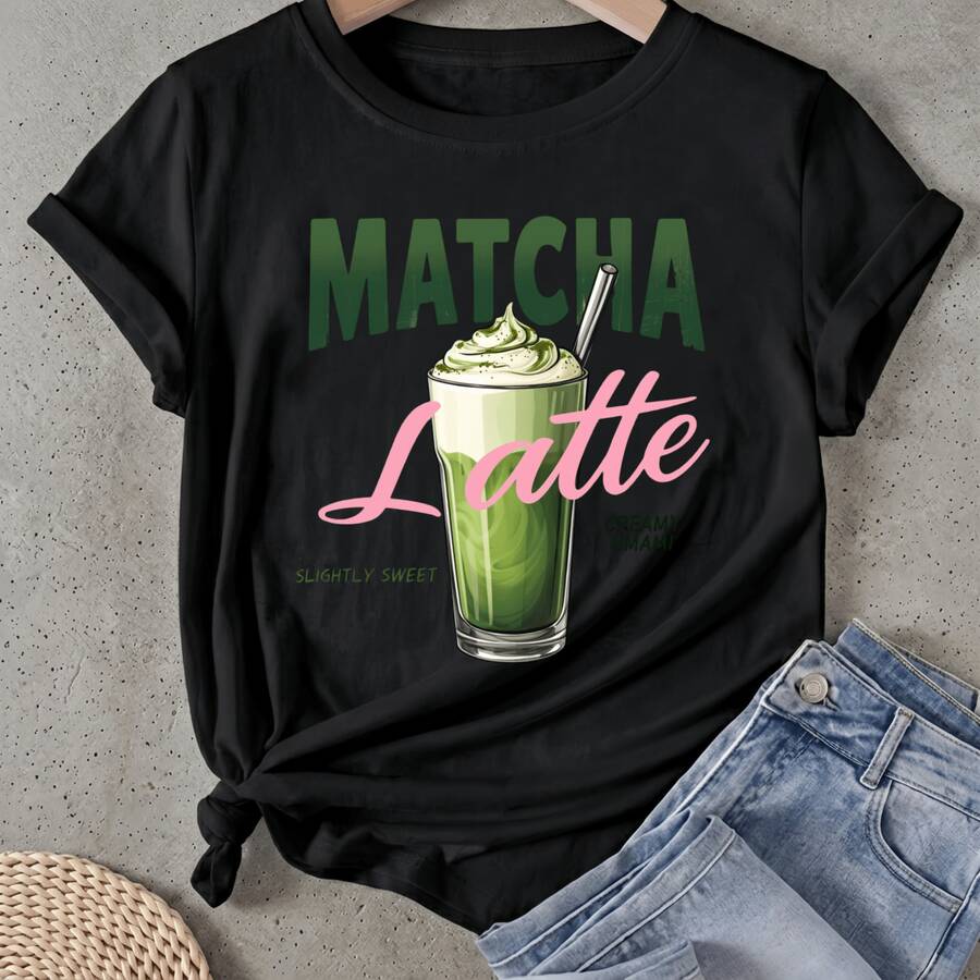 Camiseta para mujer Matcha Latte Bebida Ligeramente Dulce Manga Corta Cuello Redondo Casual Adecuado para primavera y verano - Negro - Ver 1