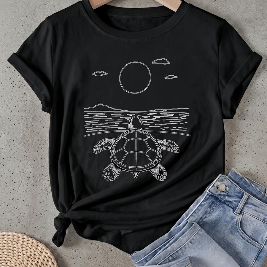 Camiseta de mujer Tortuga Océano Cielo Nubes Sol Manga Corta Cuello Redondo Casual Adecuado para primavera y verano - Negro - Ver 1
