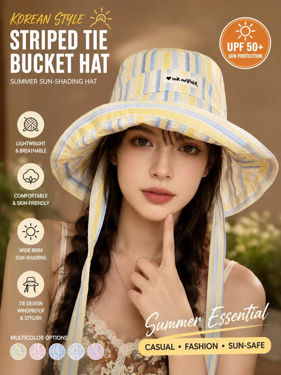 Sombrero de cubo con corbata a rayas estilo coreano, sombrero de verano para protección solar, sombrero de ala ancha delgado y versátil para protección solar casual, para vacaciones y festivales - Multicolor - Ver 1