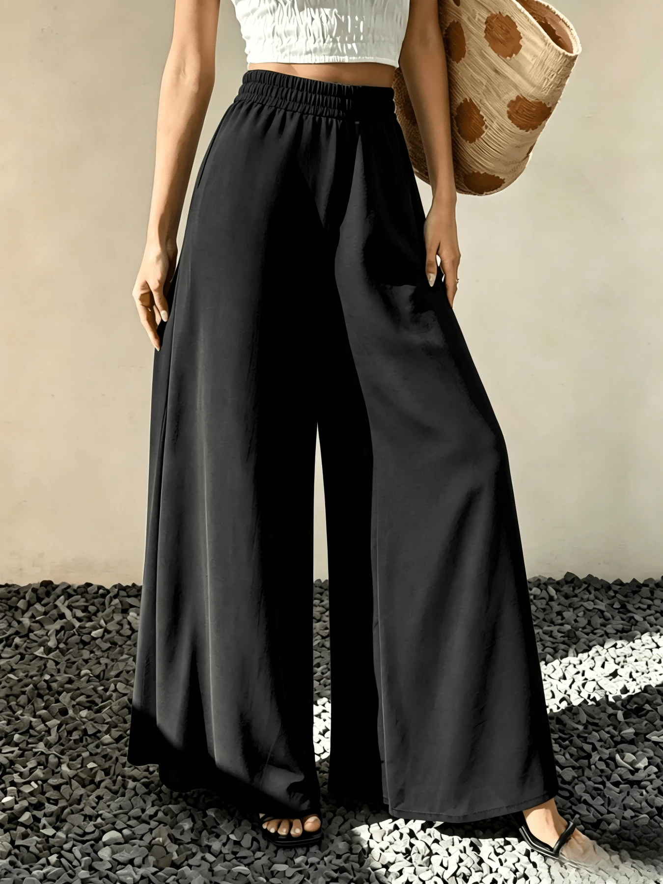 Women's Wide-Leg Pants - Simple And Loose Trousers, Solid Color Casual Elastic Waist Pants, Lightweight, Suitable For Casual Styles In All Seasons - 升級黑色 - 查看 1