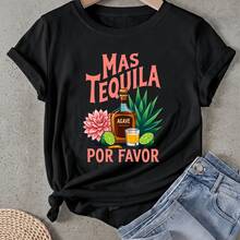 Camiseta de mujer Mas Tequila Por Favor Agave Manga Corta Cuello Redondo Casual Adecuado para primavera y verano - Negro - Ver 1