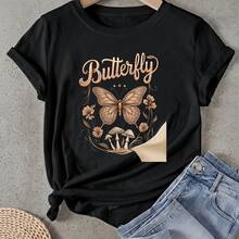 Camiseta de mujer Mariposas Flores Hongos Diseño Arte Manga Corta Cuello Redondo Casual Adecuado para primavera y verano - Negro - Ver 1