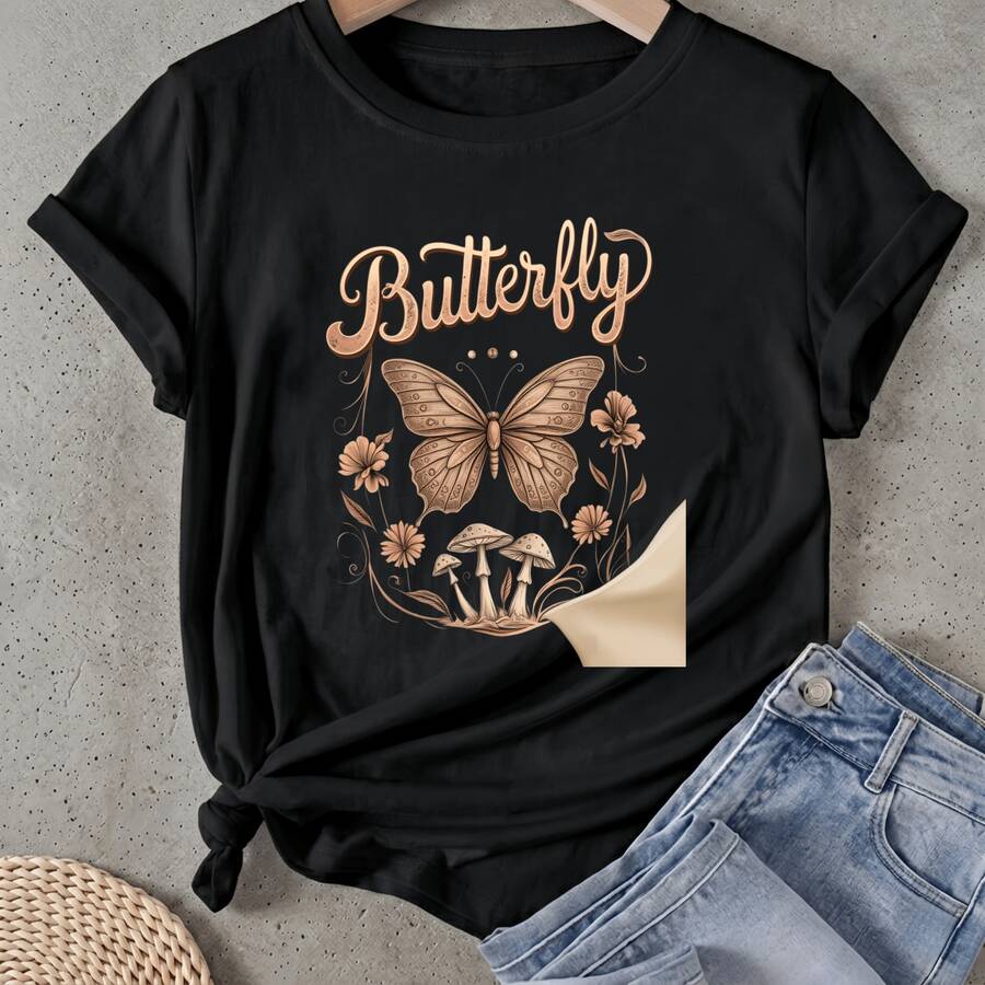 Camiseta de mujer Mariposas Flores Hongos Diseño Arte Manga Corta Cuello Redondo Casual Adecuado para primavera y verano - Negro - Ver 1