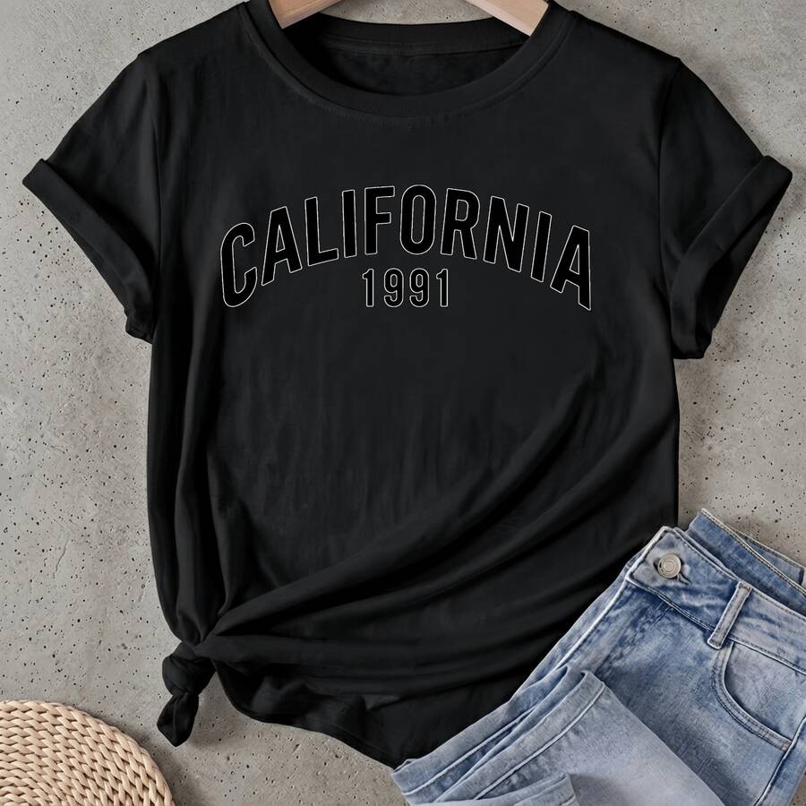 Camiseta de mujer California 1991 Manga Corta Cuello Redondo Casual Adecuado para primavera y verano - Negro - Ver 1