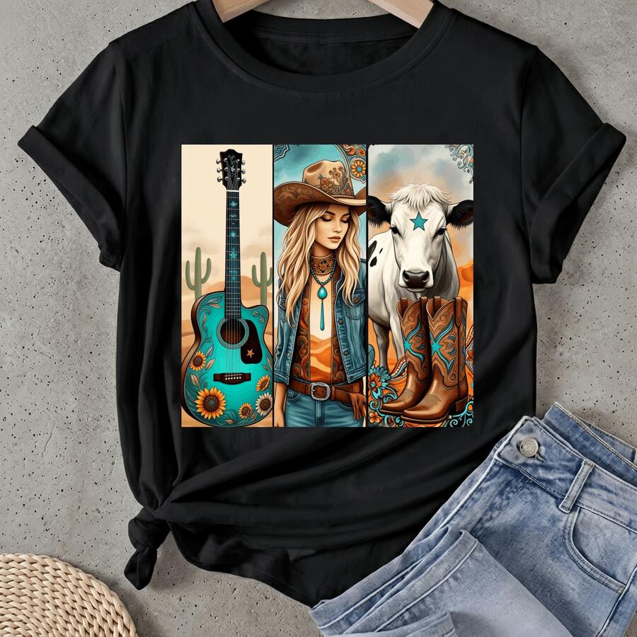 Camiseta de mujer Botas de vaquera para guitarra Manga Corta Cuello Redondo Casual Adecuado para primavera y verano - Negro - Ver 1