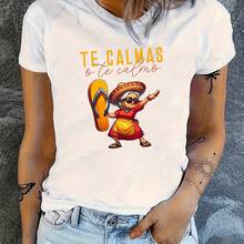 Women's T-Shirt With "C" Letter Print And Gold Text, Short Sleeve - Putih - View 1