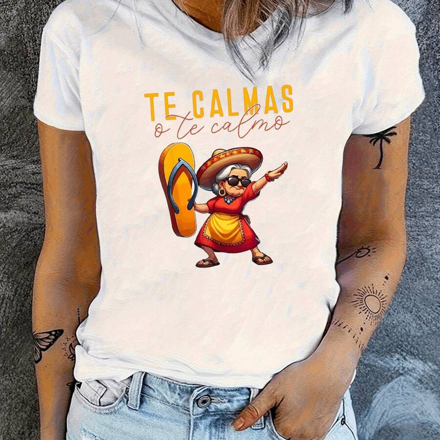 Women's T-Shirt With "C" Letter Print And Gold Text, Short Sleeve - Putih - View 1