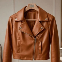 Women's Luxury Faux Leather Biker Jacket With Zipper - 駝色 - 查看 10