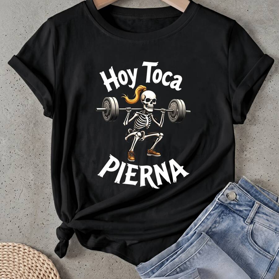 Camiseta de mujer Hoy Toca Pierna Skeleton Lifting Manga Corta Cuello Redondo Casual Adecuado para primavera y verano - Negro - Ver 1