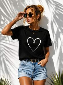 Envío local:Playera Negra para Mujer con Estampado de Corazón Blanco, Camiseta Básica Manga Corta Cuello Redondo Cómoda para Verano, Estilo Casual Chic - Negro - Ver 2